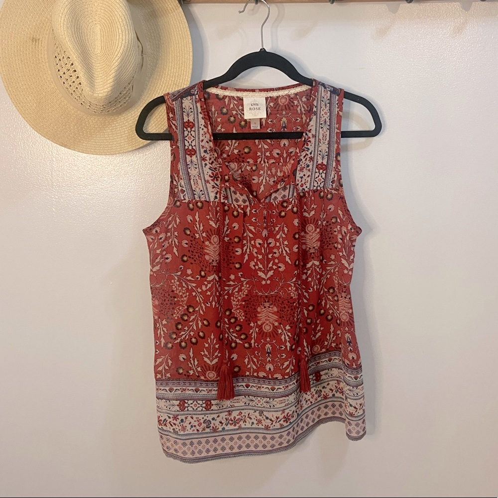 Knox Rose Red Floral Blouse with Tassels Size Small